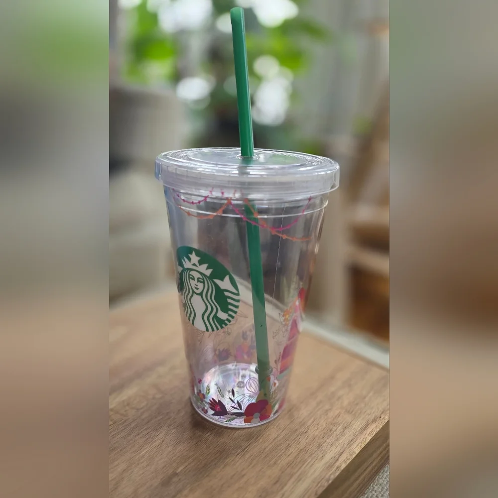 Starbucks Pink & Green Reusable Cold Cup with Straw‎